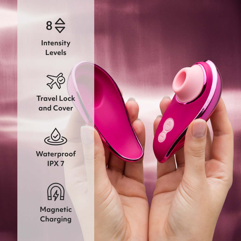 Womanizer x Iggy Azalea Liberty 2 Special Edition Metal Pink showing 8 intensity levels and features.