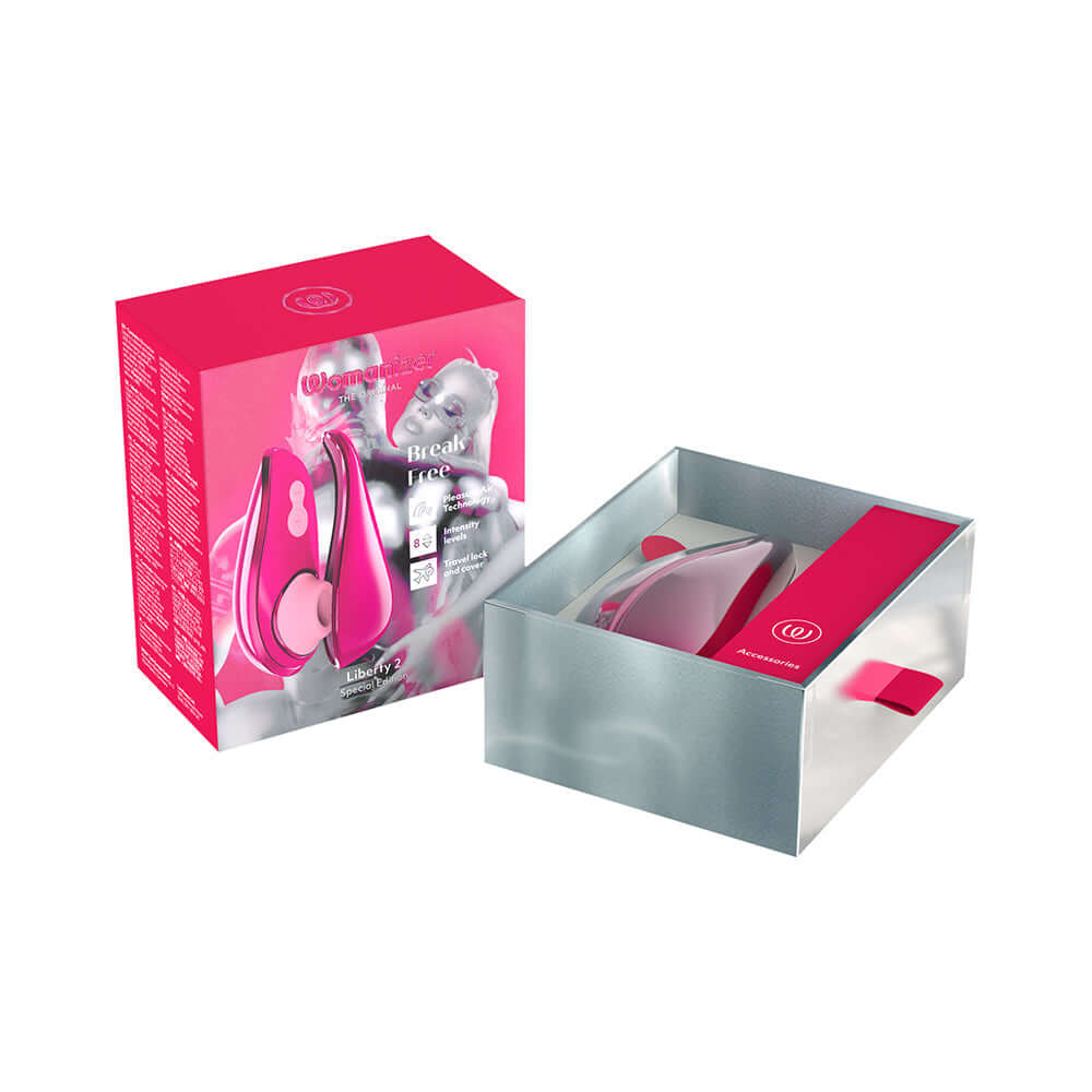 Womanizer x Iggy Azalea Liberty 2 Special Edition Metal Pink in its packaging, showcasing vibrant metallic pink design.