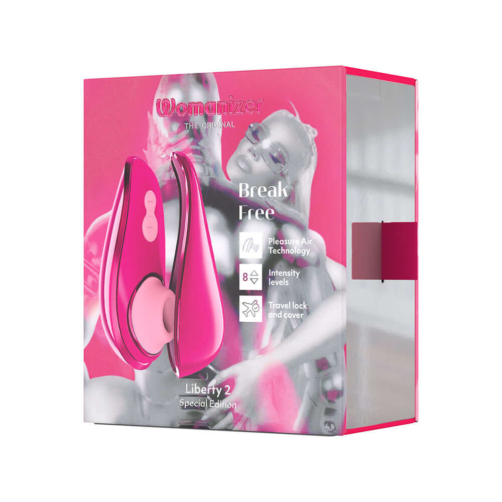 Womanizer x Iggy Azalea Liberty 2 Special Edition Metal Pink packaging with bold design and features highlighted.