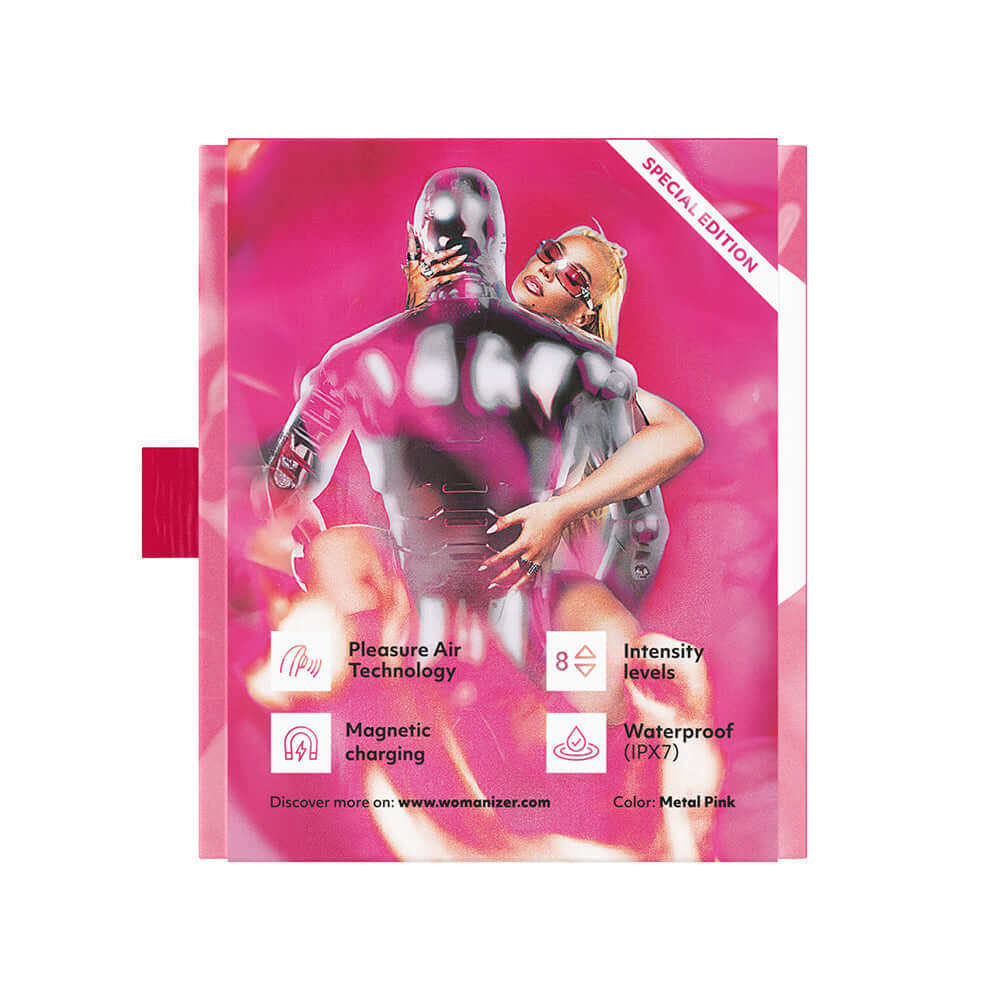 Womanizer x Iggy Azalea Liberty 2 Special Edition Metal Pink packaging showcasing features and design.