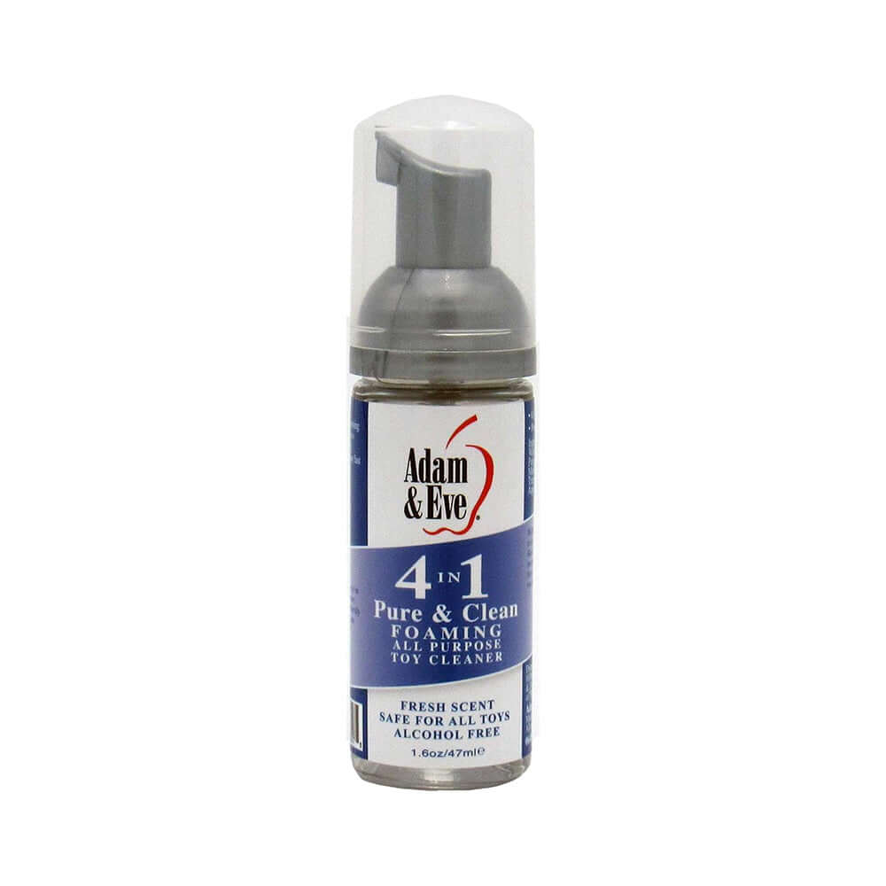 Adam & Eve 4 In 1 Pure & Clean Foaming Toy Cleaner 1.6 oz packaging with pump dispenser for easy use.