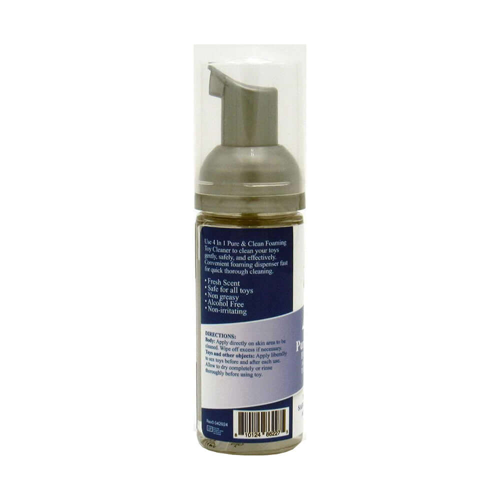 Adam & Eve 4 In 1 Pure & Clean Foaming Toy Cleaner 1.6 oz in a pump bottle for easy use and effective cleaning.