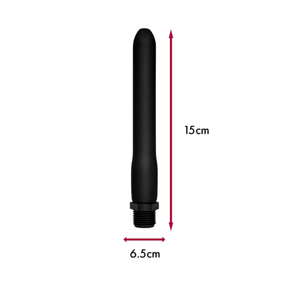 Prowler RED Shower Shot Small shown in black silicone, measuring 15 cm in length and 6.5 cm in diameter.