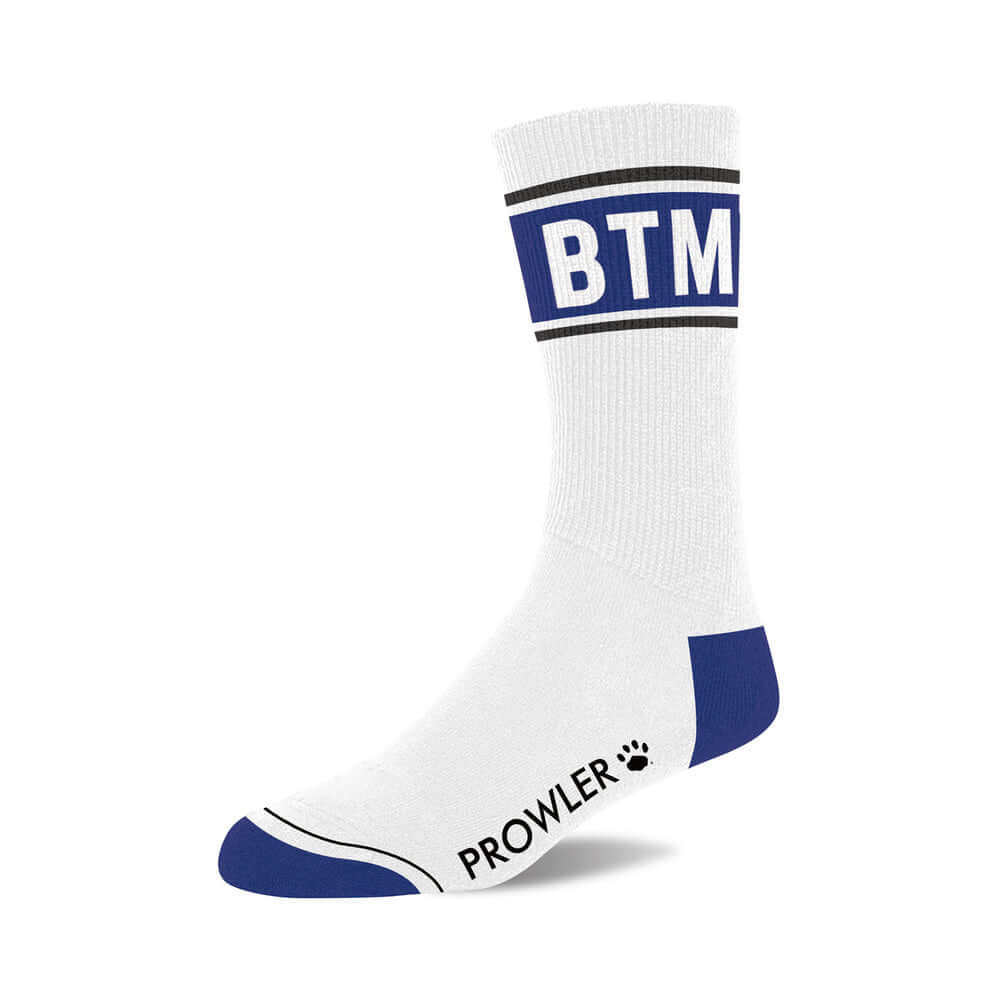 Prowler Btm Socks with bold blue BTM band and white base, showcasing style and comfort.