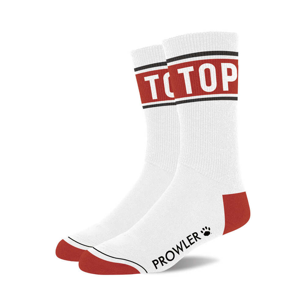 Prowler Top Socks in white with bold red accents, featuring the word 'TOP' on the band for a stylish look.