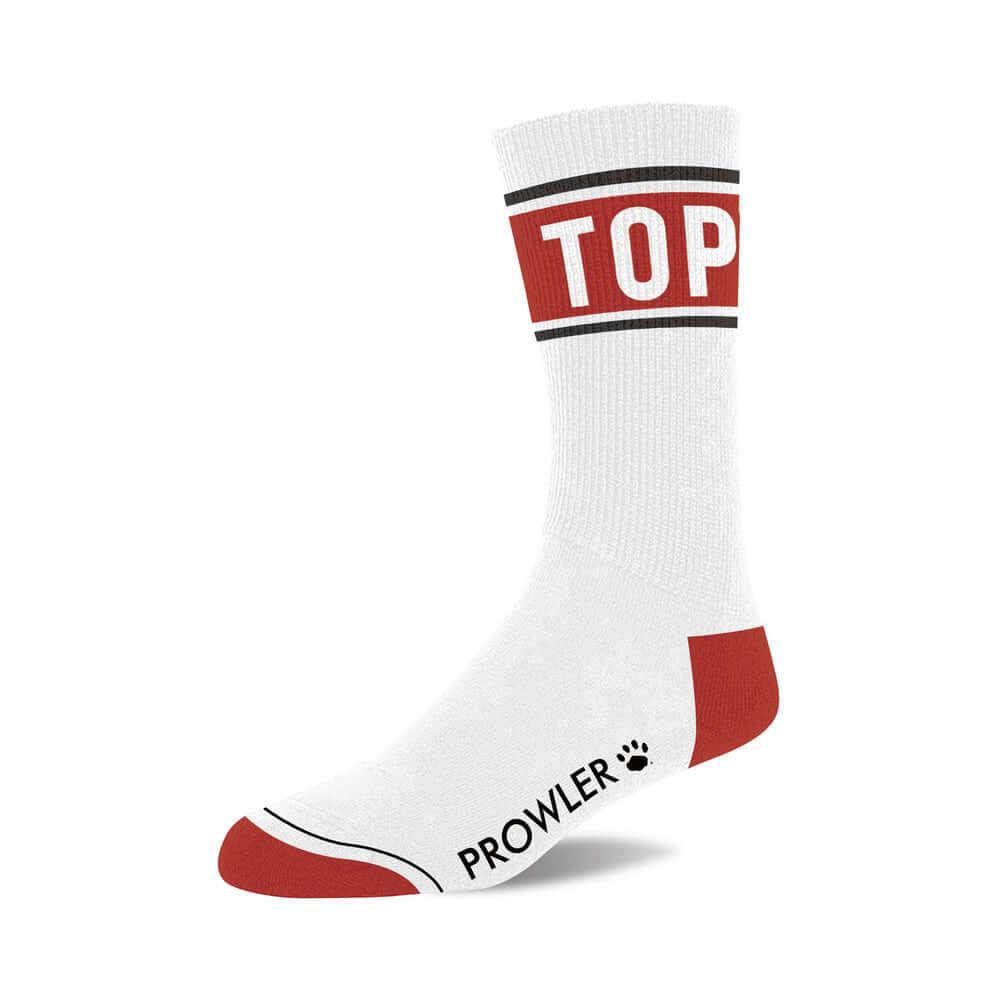 Prowler Top Socks featuring a stylish design with red accents and bold 'TOP' lettering.