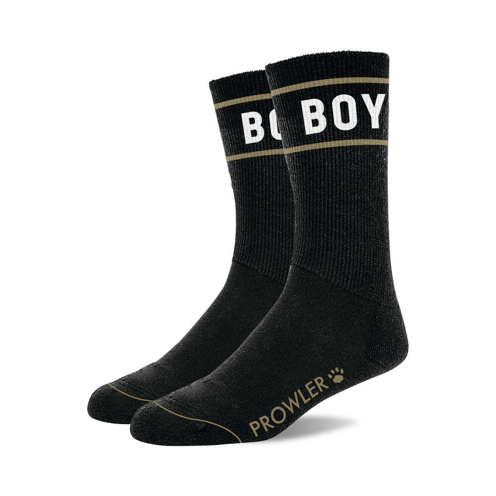 Prowler RED Boy Socks featuring bold 'BOY' text on a sleek black design, perfect for adding playful style.