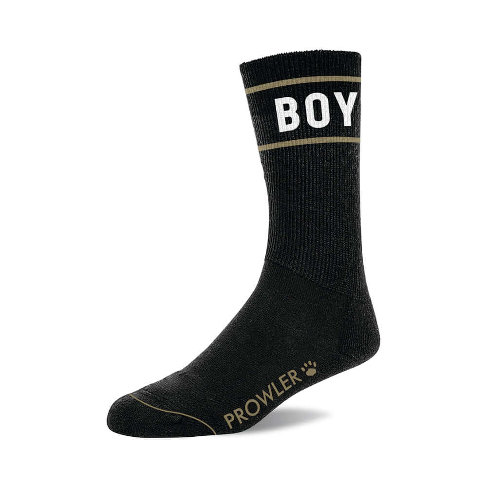 Prowler RED Boy Socks featuring a classic black base with 'BOY' on the band, perfect for playful confidence.