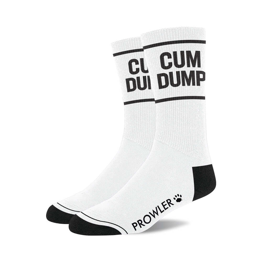 Prowler RED Cum Dump Socks featuring bold text on a white background and black accents.