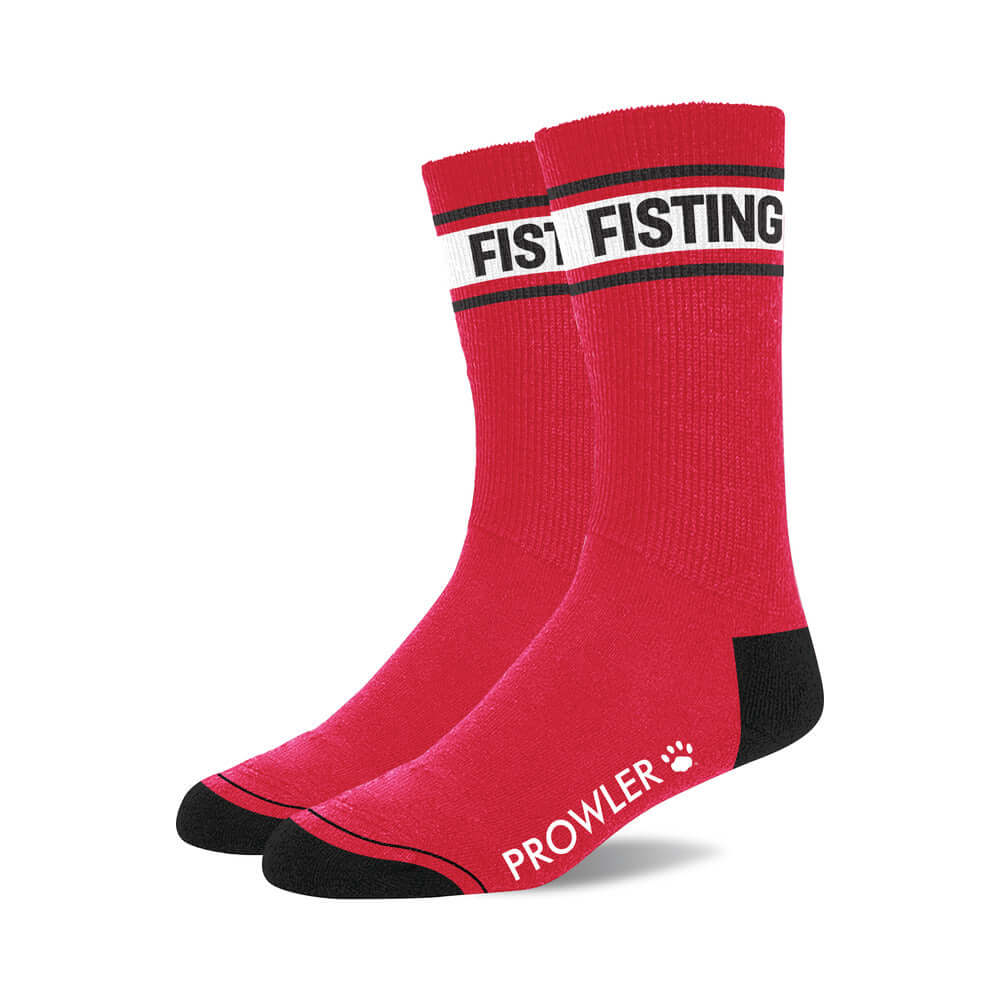 Prowler RED Fisting Socks in bold red and black, featuring a playful FISTING message on the cuffs.