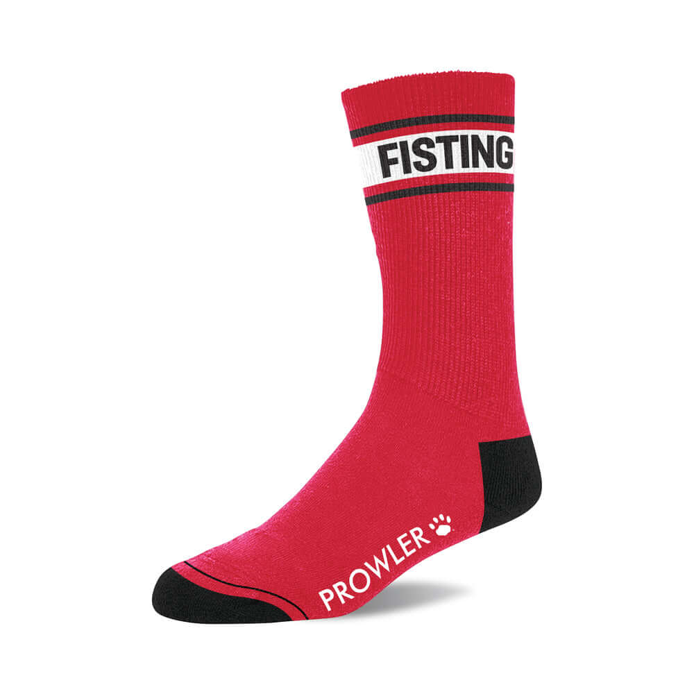 Prowler RED Fisting Socks featuring bold red color, black accents, and playful printed message.