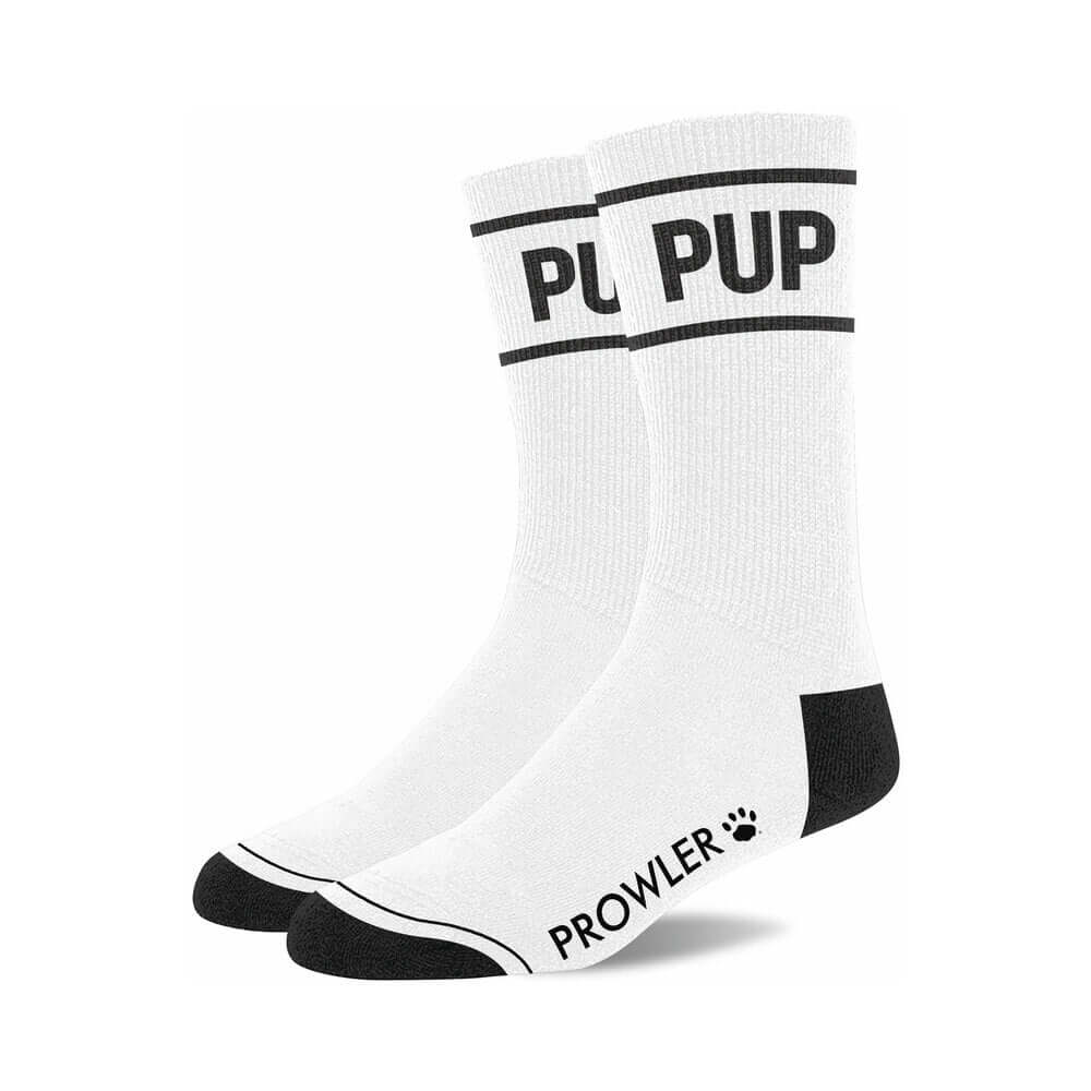 Prowler RED Pup Socks featuring white fabric with black stripes and playful text design.
