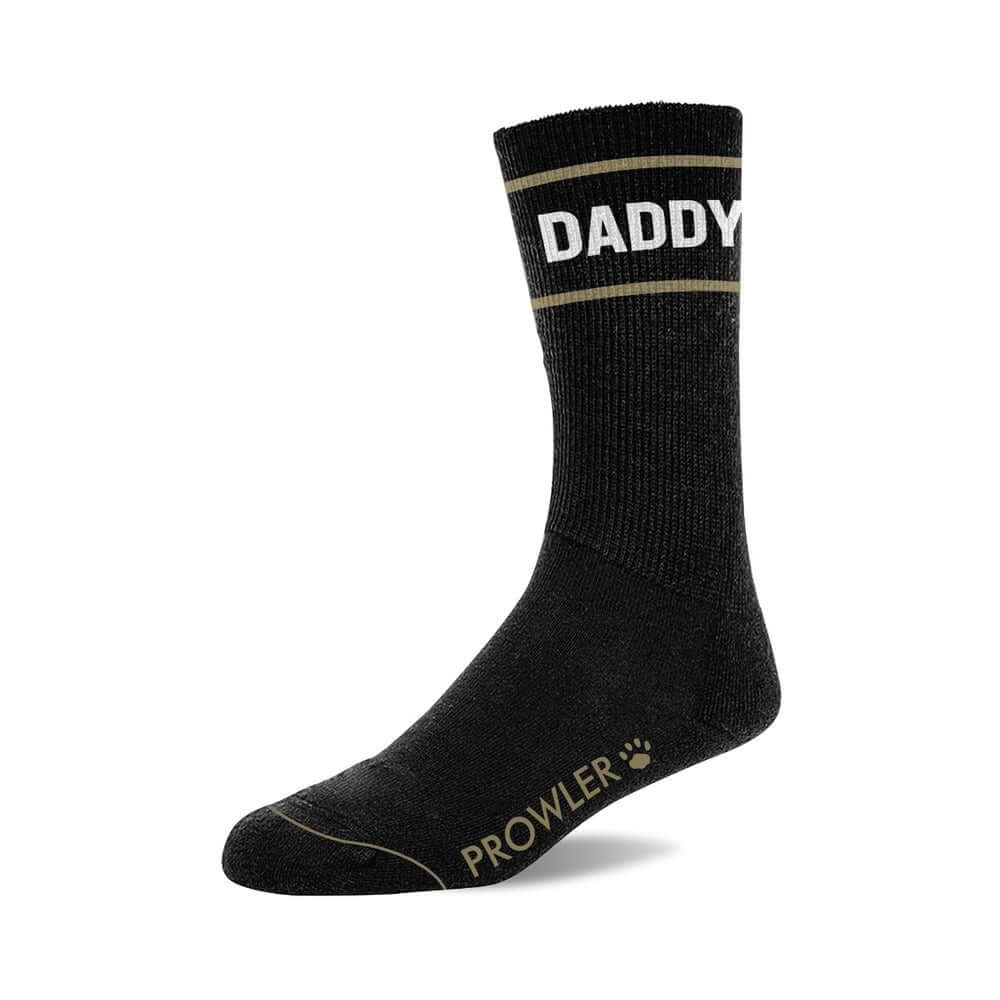 Prowler RED Daddy Socks in black with white 'DADDY' text, stylish and comfortable for bold wearers.