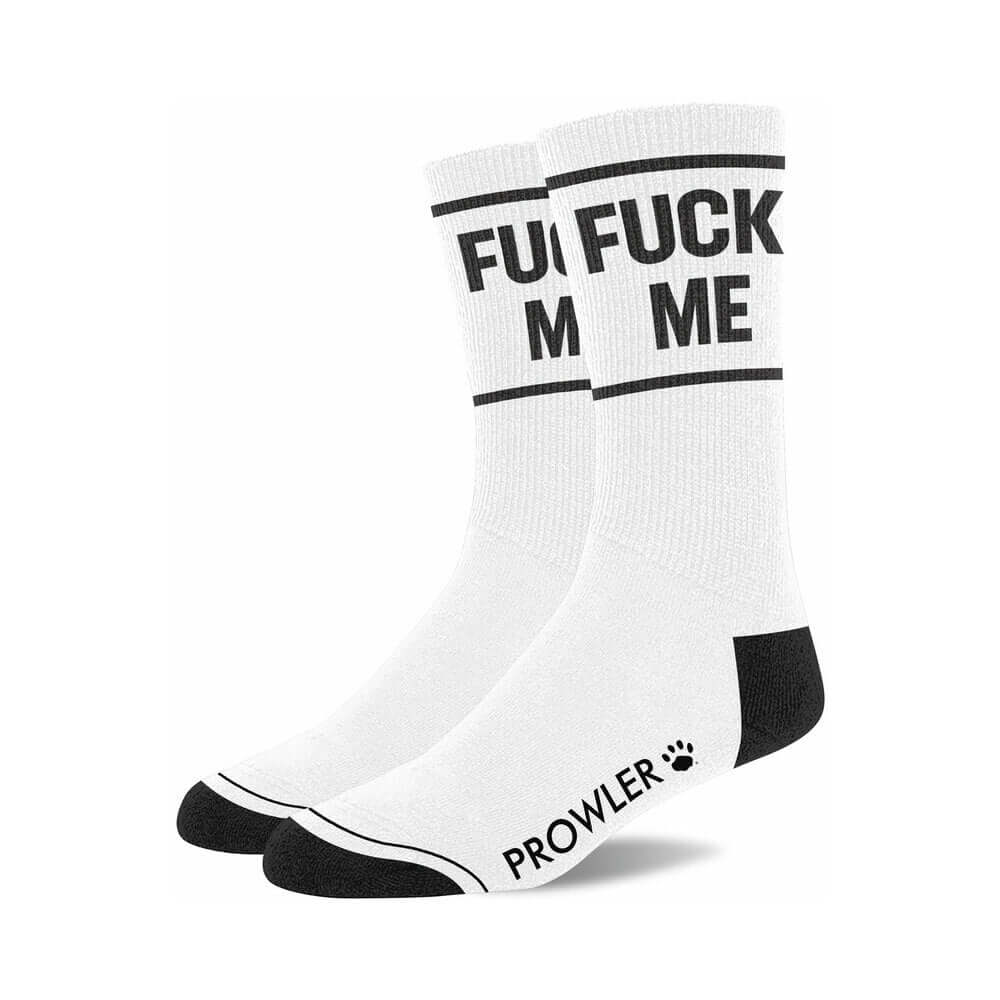 Prowler RED Fuck Me Socks featuring bold black text 'FUCK ME' on white cotton.