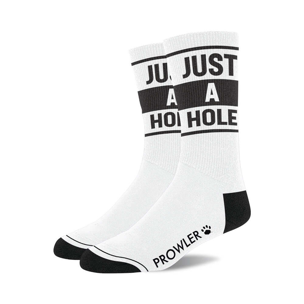 Prowler RED Just A Hole Socks featuring bold text and black toes, perfect for casual wear and conversation starters.