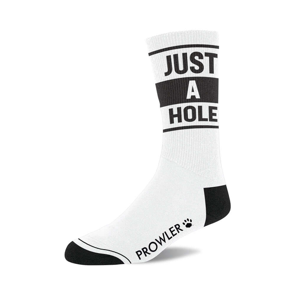 Prowler RED Just A Hole Socks in white with black toes and stripes featuring Prowler logo and text Just A Hole.