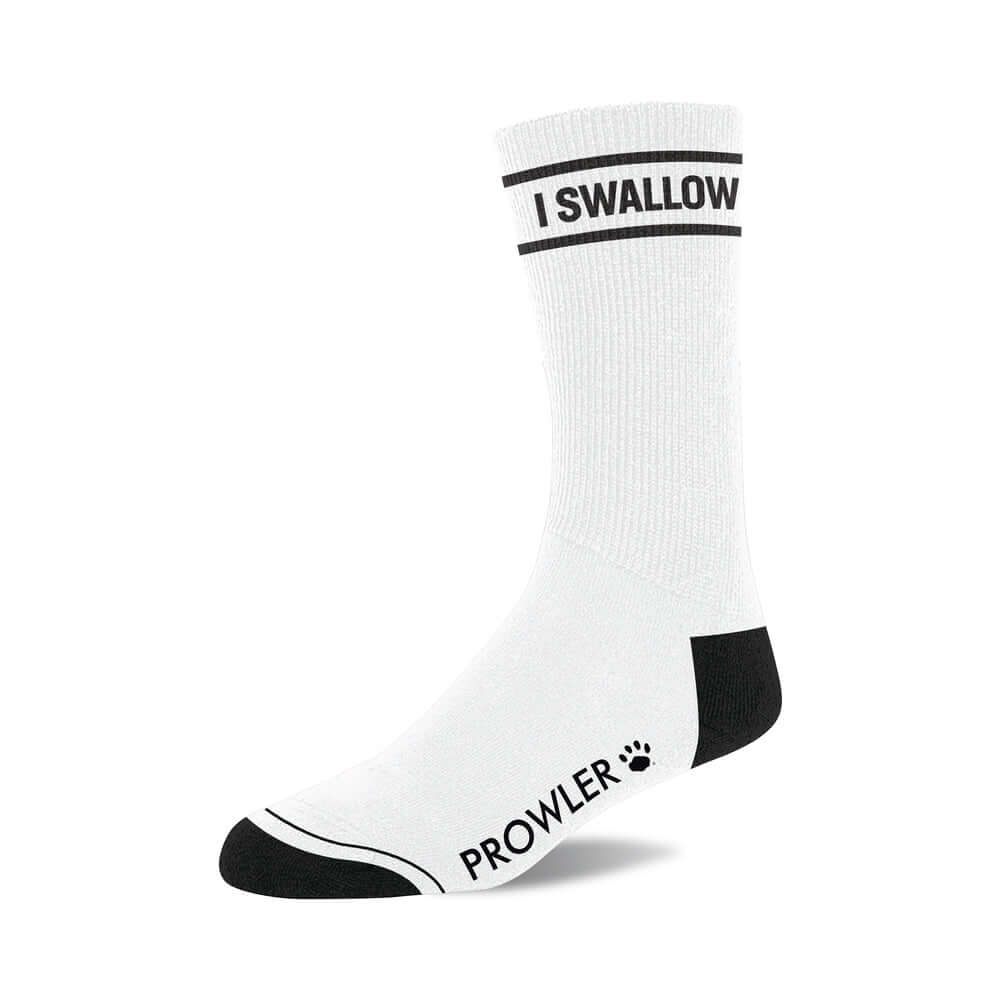 Prowler RED I Swallow Socks featuring a bold design in black and white with playful text on a stylish white sock.