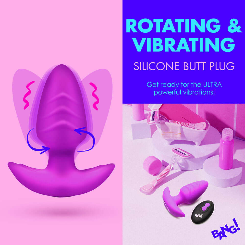 BANG! Rotating & Vibrating Silicone Butt Plug with Remote Purple
