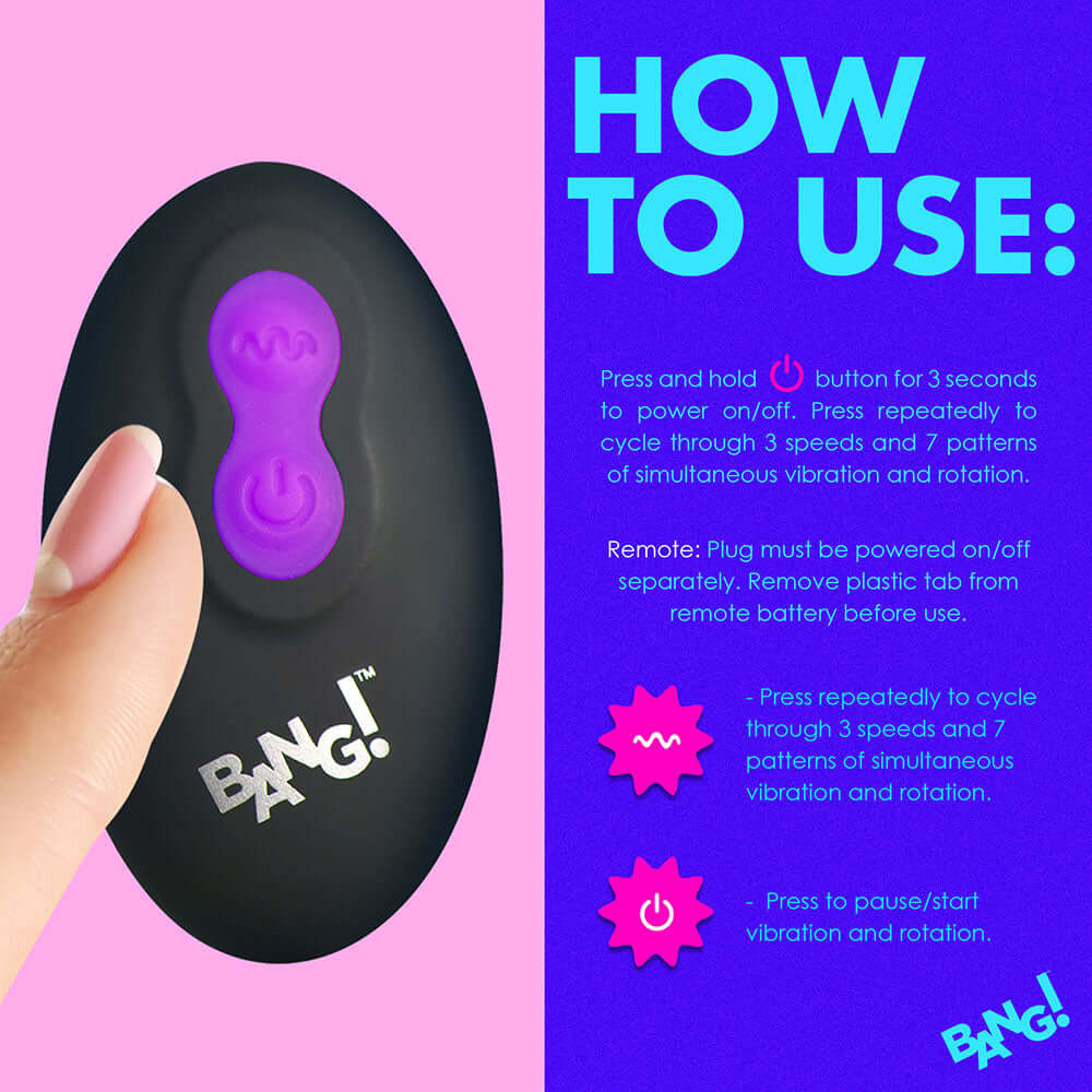 BANG! Rotating & Vibrating Silicone Butt Plug with Remote Purple