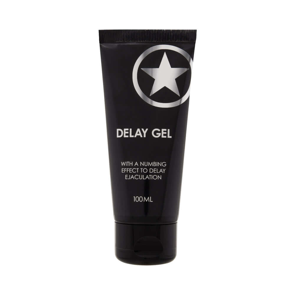 Shots Delay Gel 3 Oz in a sleek black tube with a star logo, designed to help reduce sensitivity.