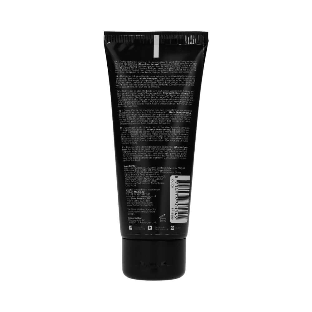 Shots Delay Gel 3 Oz tube featuring a black design with instructions and ingredients listed on the back.