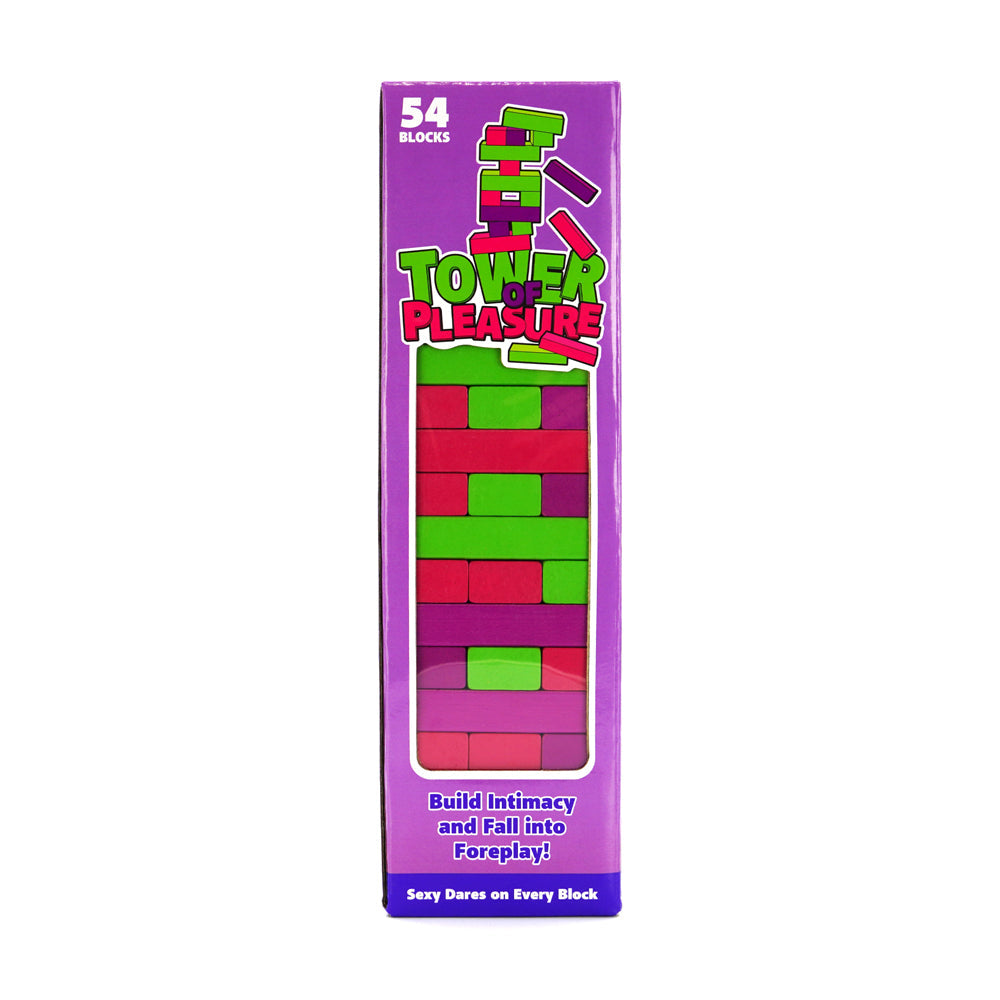 Play Wiv Me Tower of Pleasure Adult Game packaging featuring 54 colorful blocks and playful instructions.