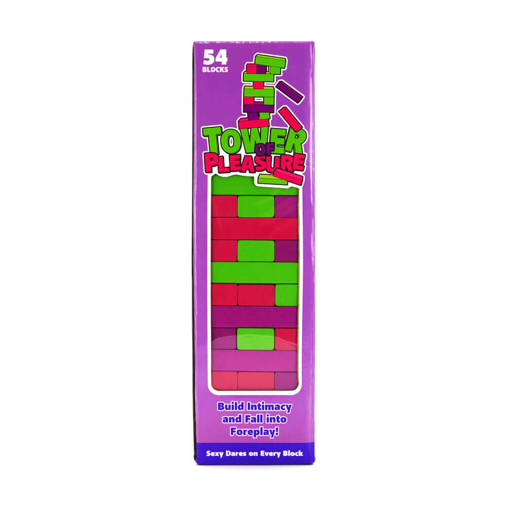 Play Wiv Me Tower of Pleasure Adult Game packaging featuring 54 colorful blocks and playful instructions.