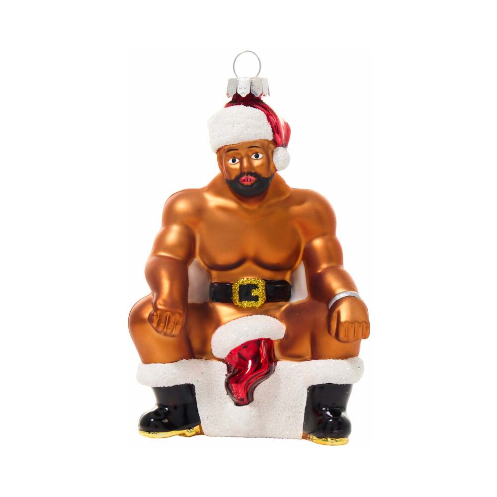 Cheeky Pornament Boss Hog Glass Christmas Ornament featuring a humorous design with Christmas attire.