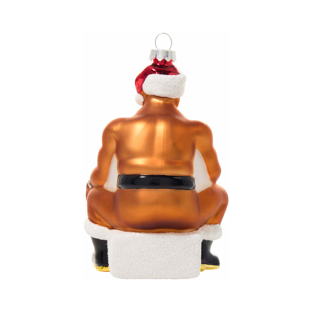 Cheeky Pornament Boss Hog Glass Christmas Ornament featuring a humorous design with Santa hat and cheeky details.
