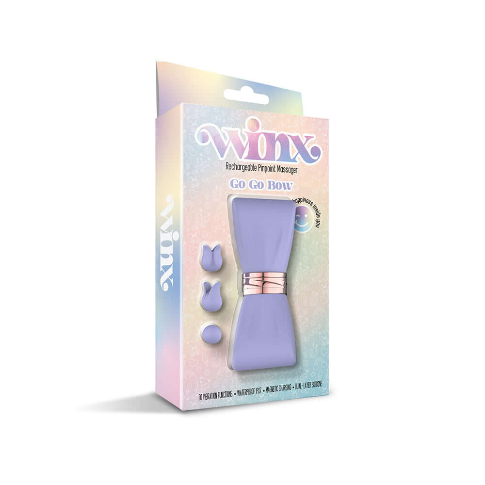 Winx Gogo Bow Pinpoint Massager With Attachments packaging featuring silicone attachments and bowtie design.