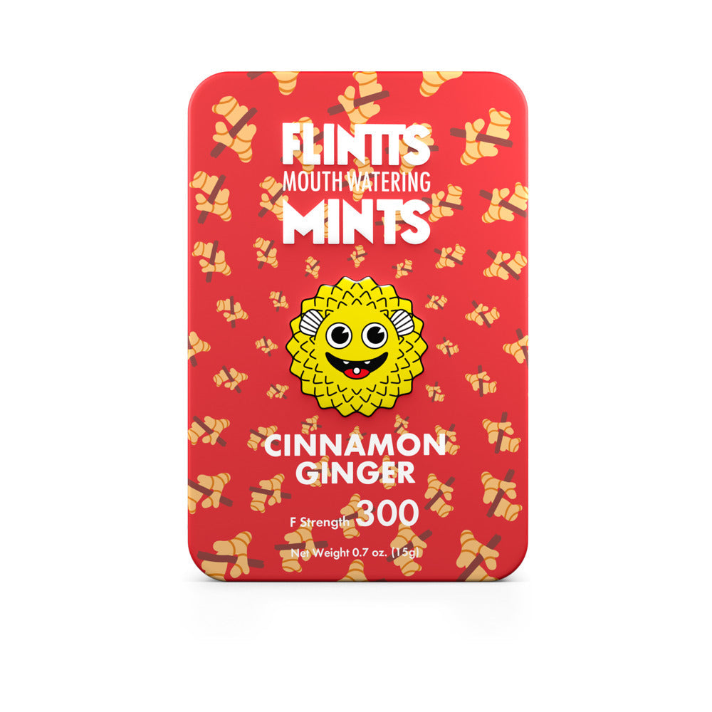 Flintts Mints Cinnamon Ginger - F Strength 300 packaging with bright red background and playful design.