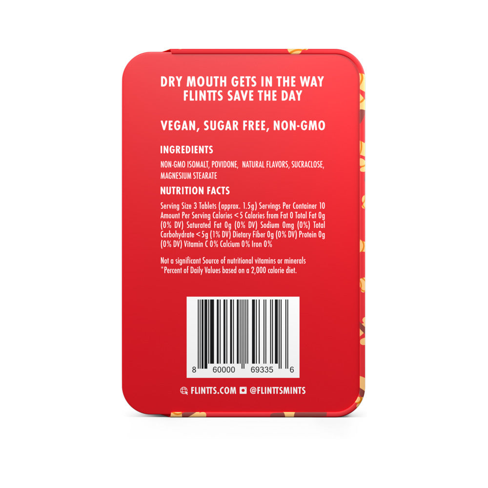 Flintts Mints Cinnamon Ginger - F Strength 300 packaging back view, showcasing ingredients and nutrition facts.