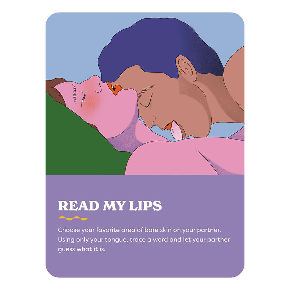A Hot Minute A Quick and Dirty Sex Game card illustrating a playful kissing prompt titled 'Read My Lips'.