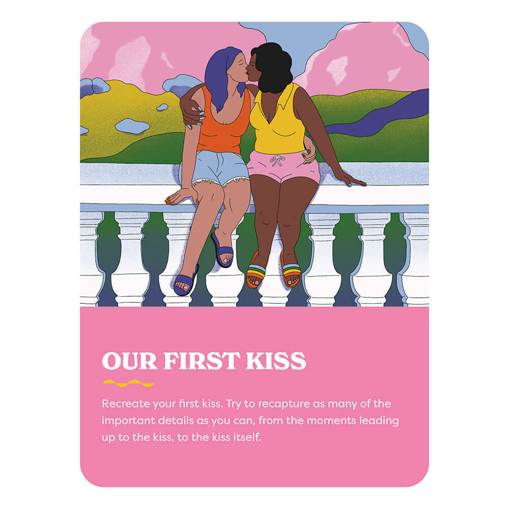 A Hot Minute A Quick and Dirty Sex Game card featuring two women sharing a kiss with an illustrated background.