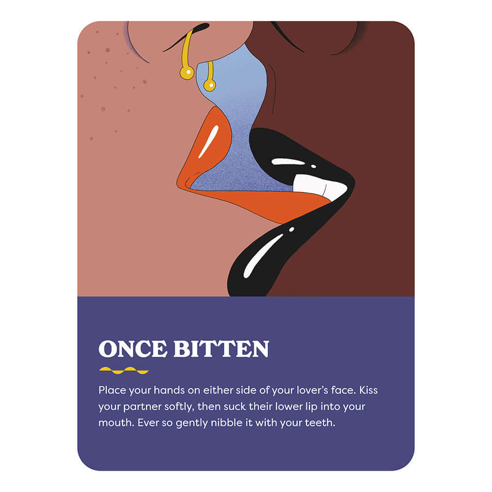 A Hot Minute A Quick and Dirty Sex Game card showing the prompt 'Once Bitten' with colorful illustrations of lips.
