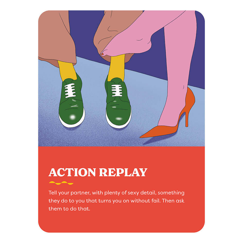 A Hot Minute A Quick and Dirty Sex Game card featuring the prompt 'ACTION REPLAY' to enhance intimacy.