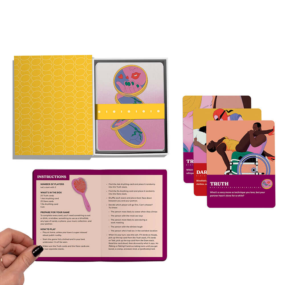 Truth or Dare Heads or Tails A Sexy Game of Chance card game set featuring instruction booklet and cards.