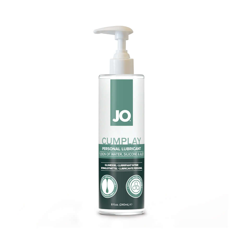 JO Cumplay Hybrid Personal Lubricant 8 Oz bottle showcasing its creamy texture and luxurious glide for intimate play.