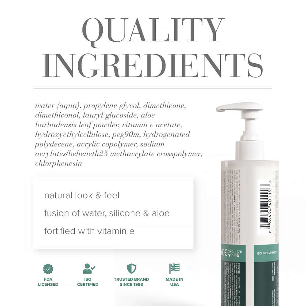 JO Cumplay Hybrid Personal Lubricant 8 Oz quality ingredients list featuring water, silicone, aloe, and vitamin E.