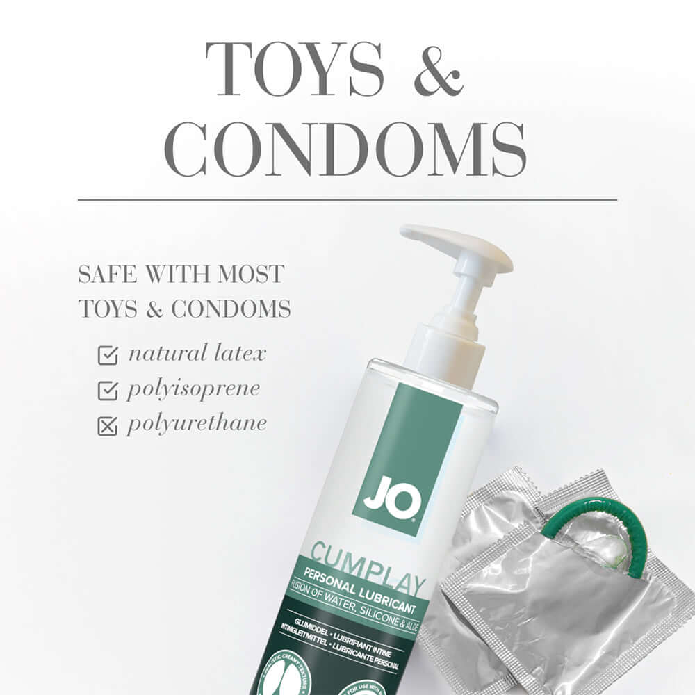 JO Cumplay Hybrid Personal Lubricant 8 Oz with condom and toys compatibility information.