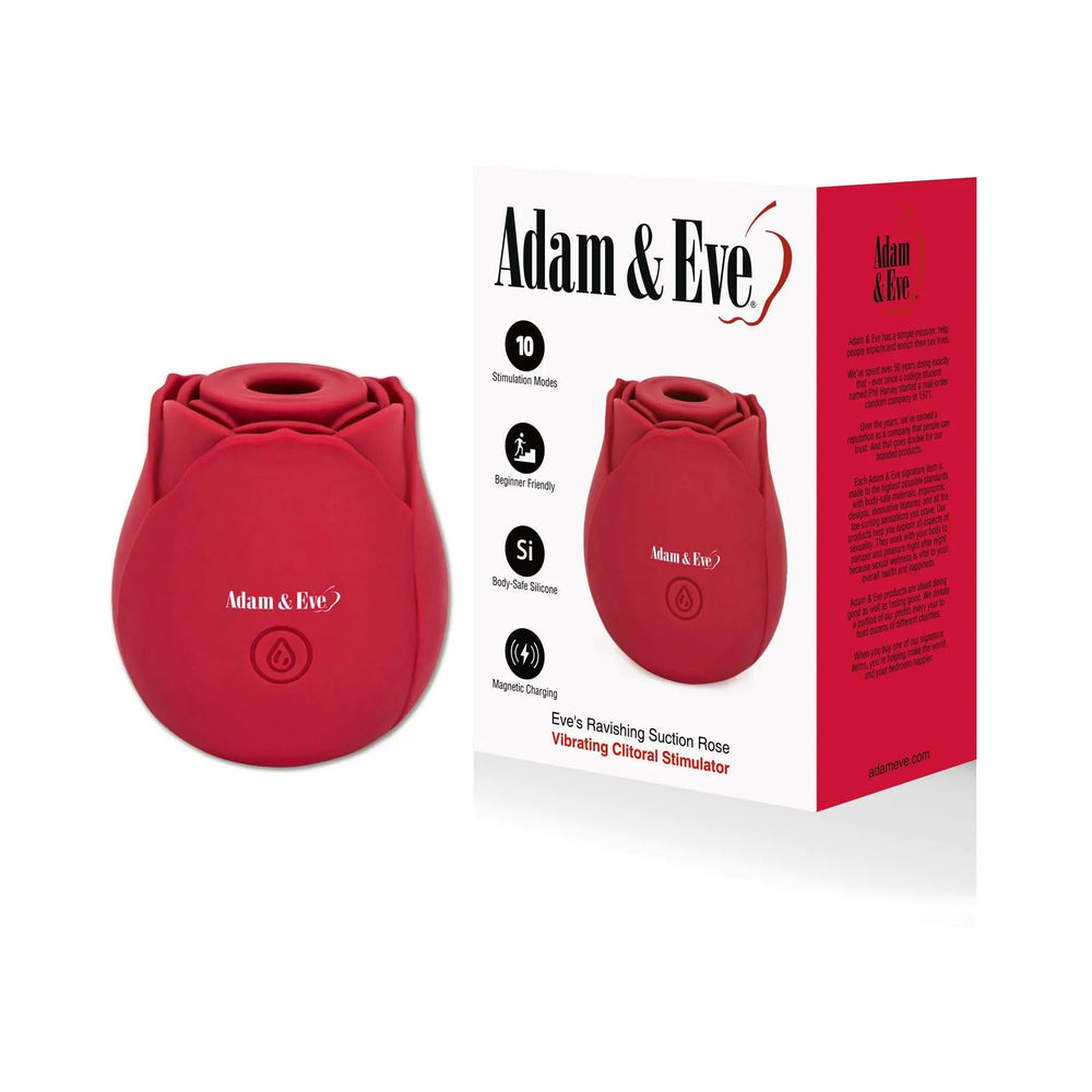 Adam and Eve Eves Ravishing Suction Rose with packaging, designed for clitoral stimulation and featuring 10 functions.