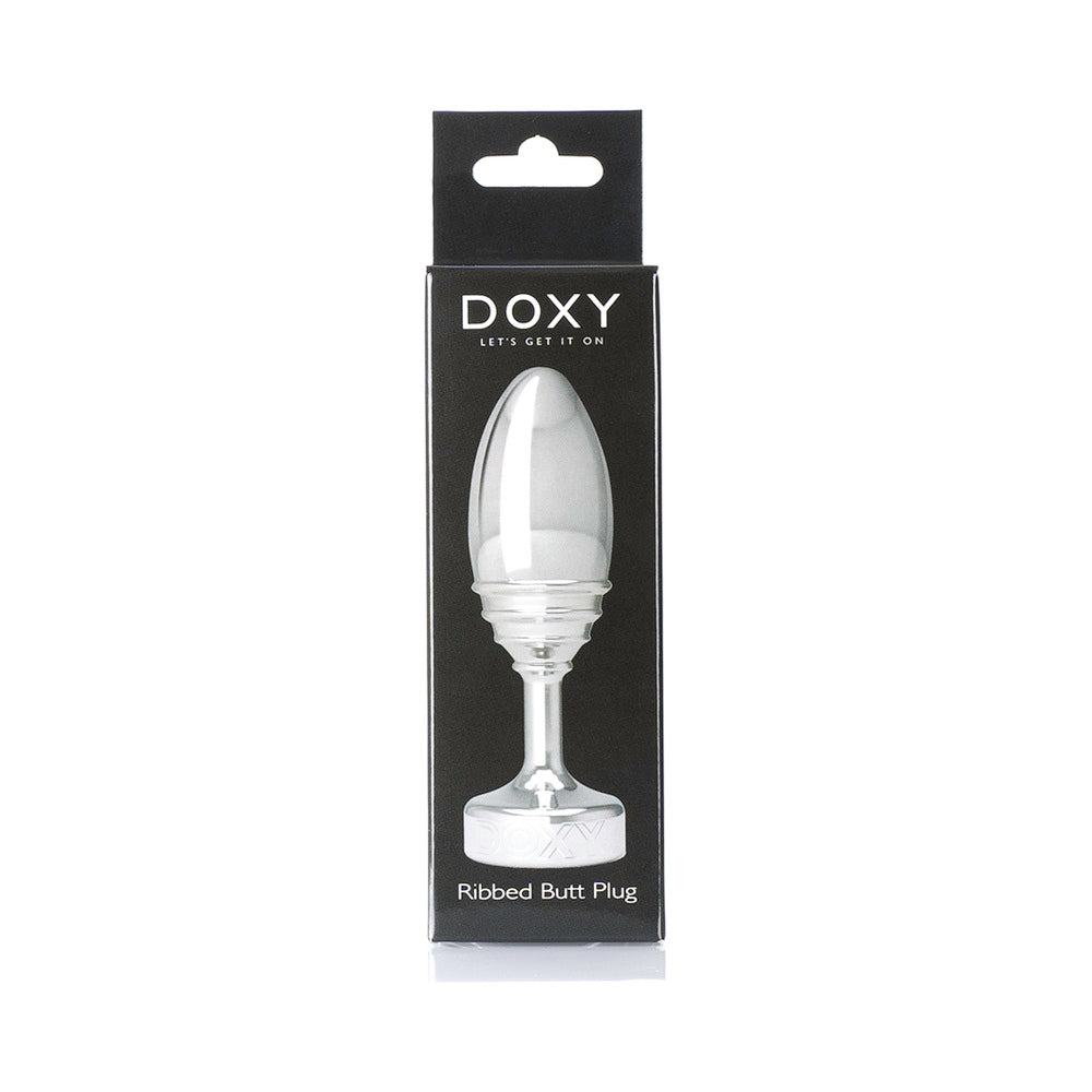 Doxy Ribbed Metal Butt Plug packaging, showcasing a sleek design and ribbed texture for ultimate pleasure.