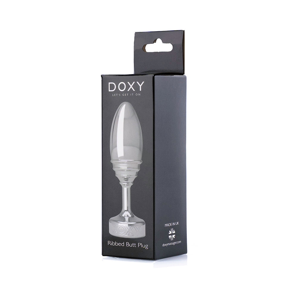 Doxy Ribbed Metal Butt Plug packaging showcasing the elegant design and ribbed texture for enhanced pleasure.