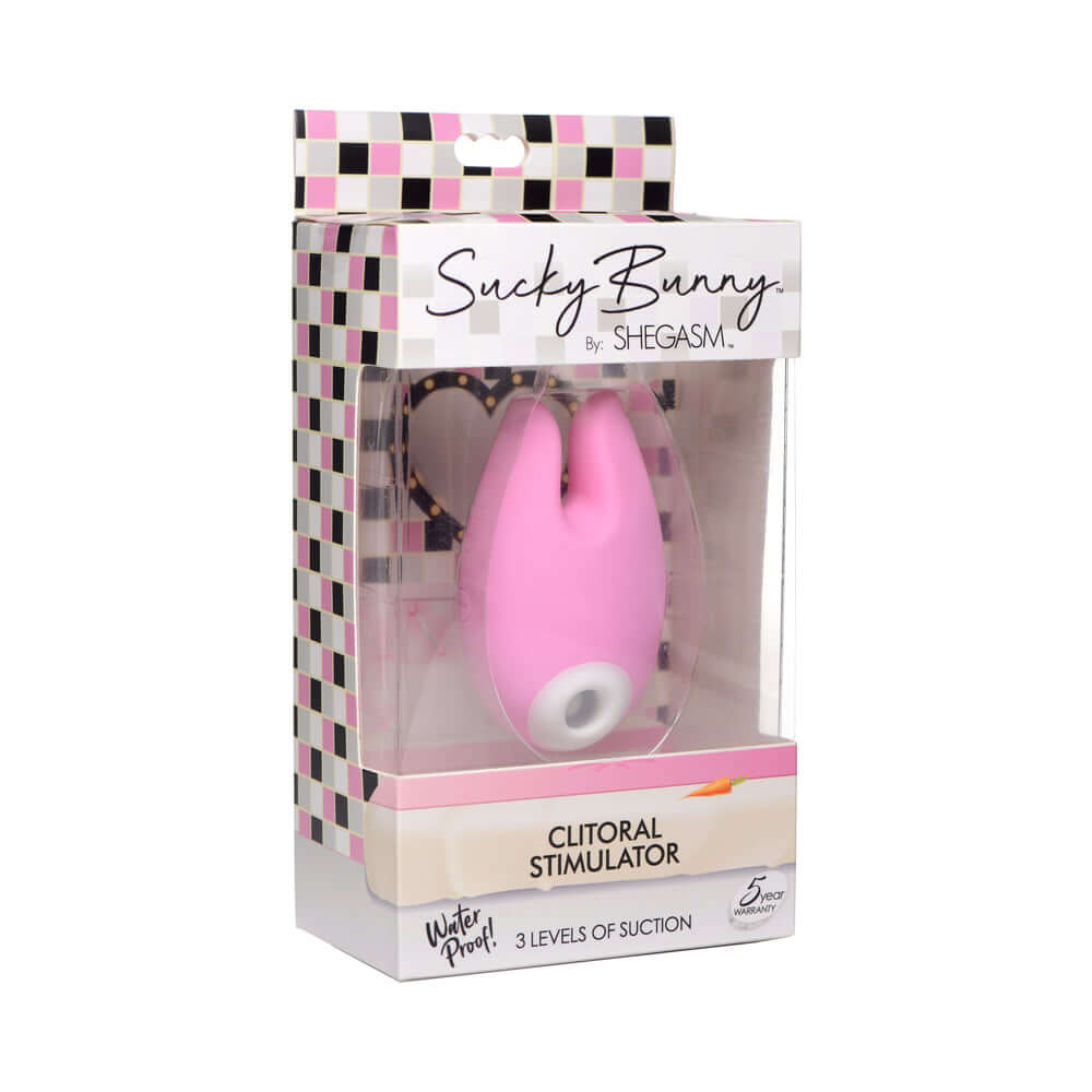 Shegasm Sucky Bunny Clitoral Stimulator Pink packaging showcasing waterproof design and suction features.
