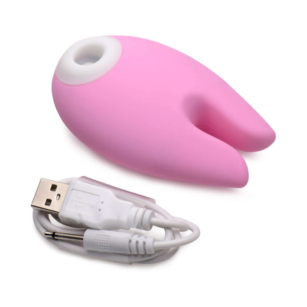 Shegasm Sucky Bunny Clitoral Stimulator Pink with USB charging cable, designed for intense clitoral pleasure.