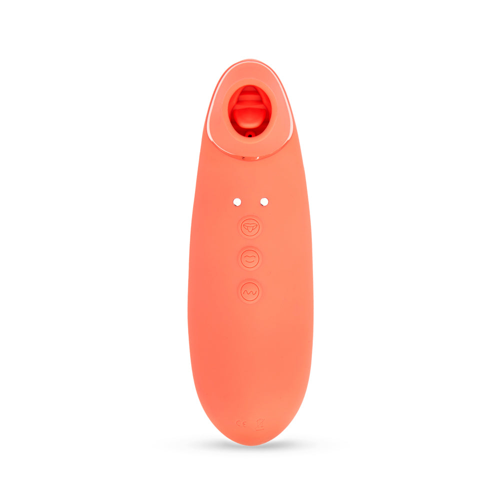 Nu Sensuelle Trinitii Suction Tongue Vibrator Coral in coral color showcasing controls and soft silicone design.