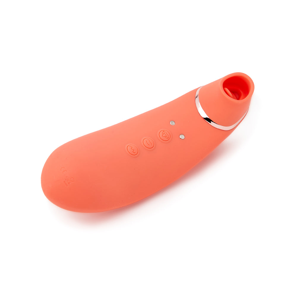 Nu Sensuelle Trinitii Suction Tongue Vibrator Coral shown in coral color with sleek design and control buttons.