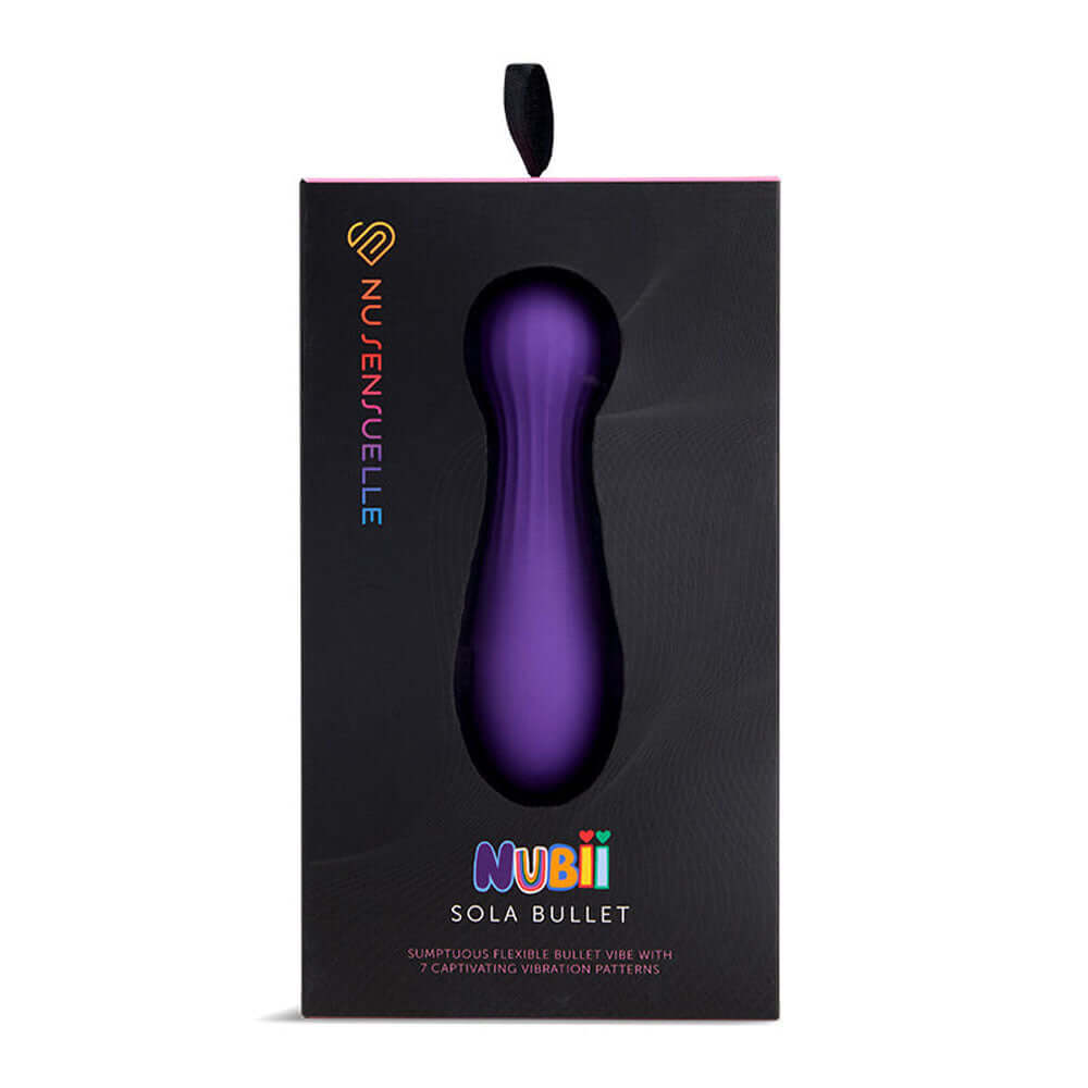 NU Sensuelle Sola Nubii Flexible Bullet Purple packaging with curved design and vibrant color.