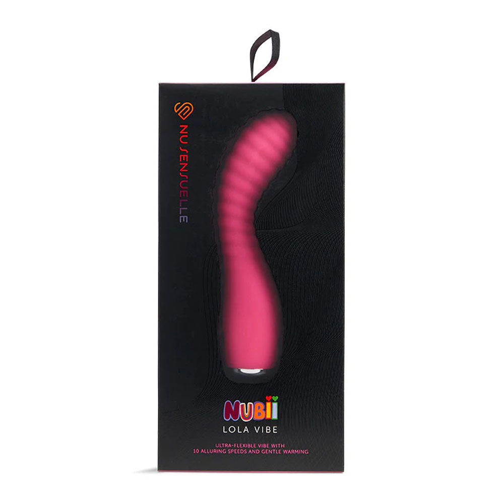 Nu Sensuelle Lola Nubii Flexible Warming Vibe Pink in packaging, showcasing its design and features.