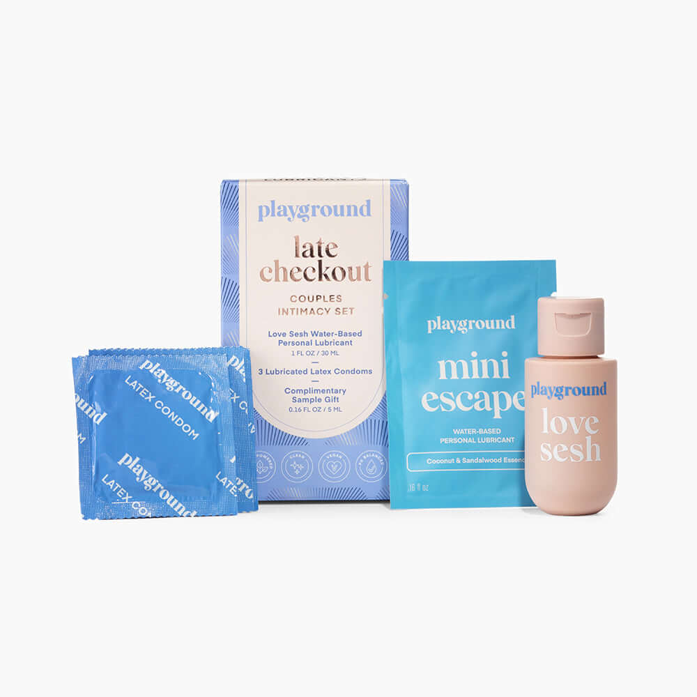Playground Late Checkout Couples Intimacy Set including lubricated condoms and personal lubricant.